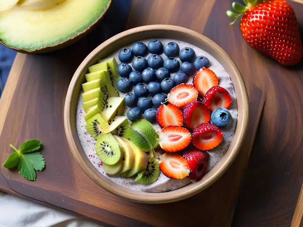 Deléitate con un açaí en repostería energizante: un bowl vibrante con frutas frescas, semillas de chía y coco en un fondo blanco limpio