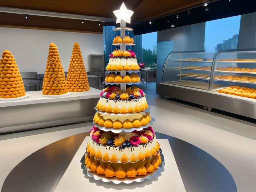 Un acogedor ambiente de repostería canadiense con deliciosos postres y un chef decorando un croquembouche con flores de azúcar