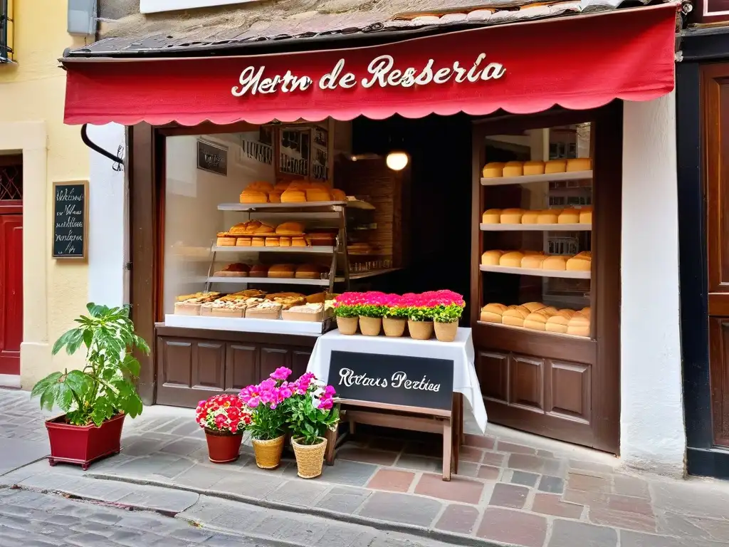 Un acogedor bakery iluminado por el sol en un callejón empedrado, con un letrero que dice 'Retiros de repostería globales exclusivos'