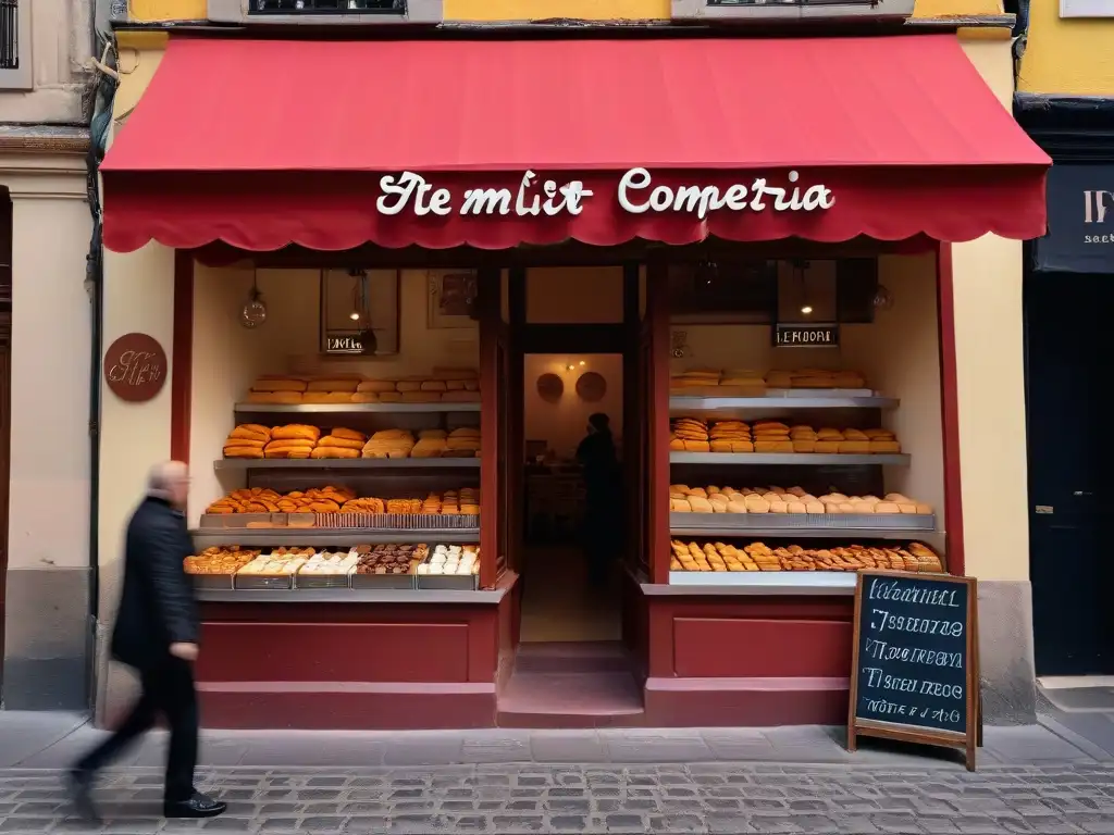 Acogedora pastelería al atardecer, con luz cálida invitante iluminando la calle