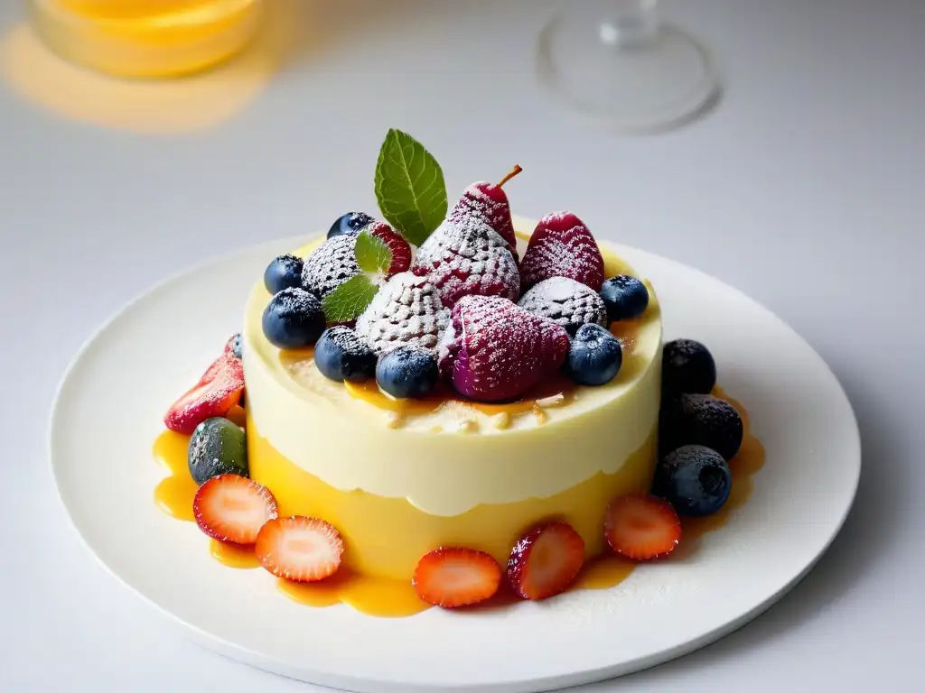 Una adaptación moderna de la repostería británica tendencias: trifle deconstruido con frutas vibrantes y presentado con elegancia en un plato blanco