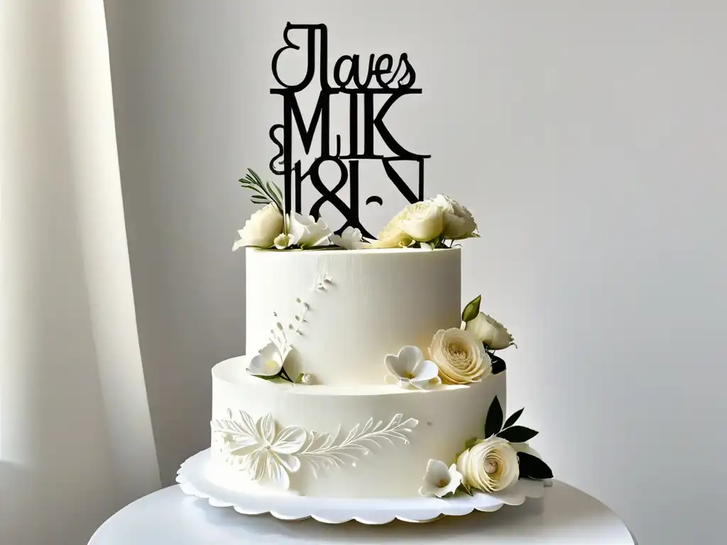 Adorno de pastel de boda con iniciales entrelazadas y detalles florales en impresión 3D