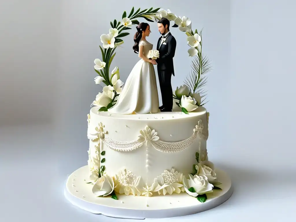 Adorno de pastel de bodas personalizado con impresión 3D, pareja enamorada rodeada de detalles florales y encaje intrincado