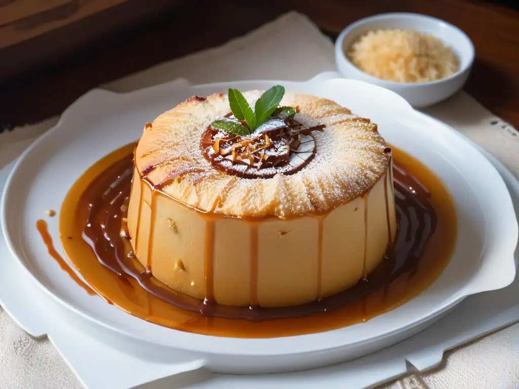 Bibingka africana postre filipino en plato blanco con coco y caramelo en mesa de madera oscura