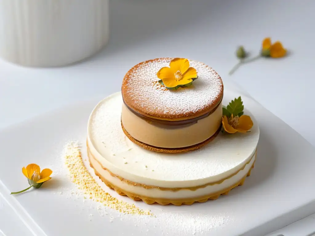 Alfajor exquisitamente decorado con flores comestibles y láminas de oro, fusionando sabores tradicionales con presentación moderna