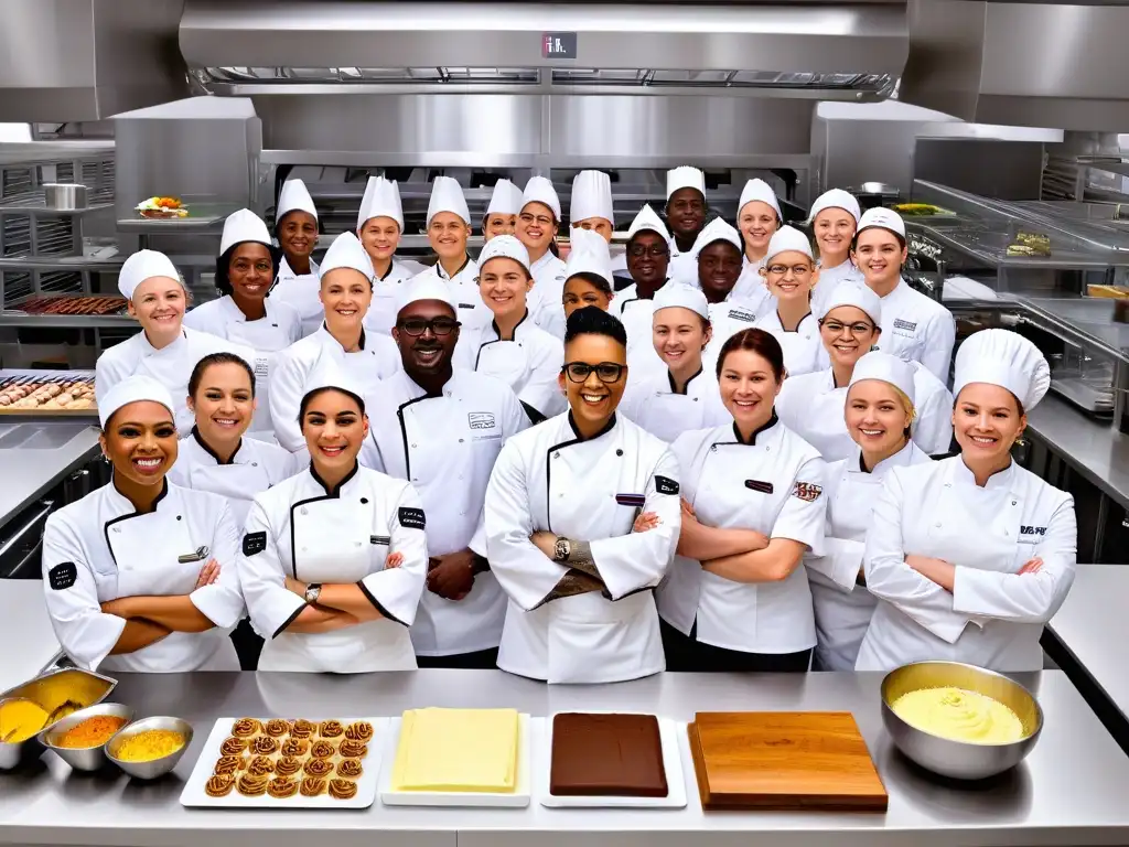 Equipo de chefs pasteleros creando juntos en cocina moderna Alianzas entre escuelas de repostería en competencias de talento: chefs y estudiantes crean juntos en una cocina moderna y colorida