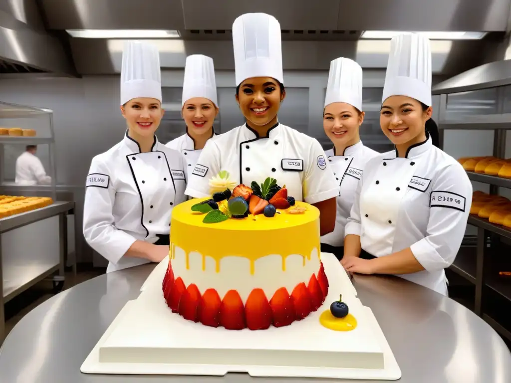 Colaboración creativa: Chefs y estudiantes de pastelería en acción Alianzas entre escuelas de repostería y concursos de talentos: profesionales y estudiantes colaborando en una pastelería moderna
