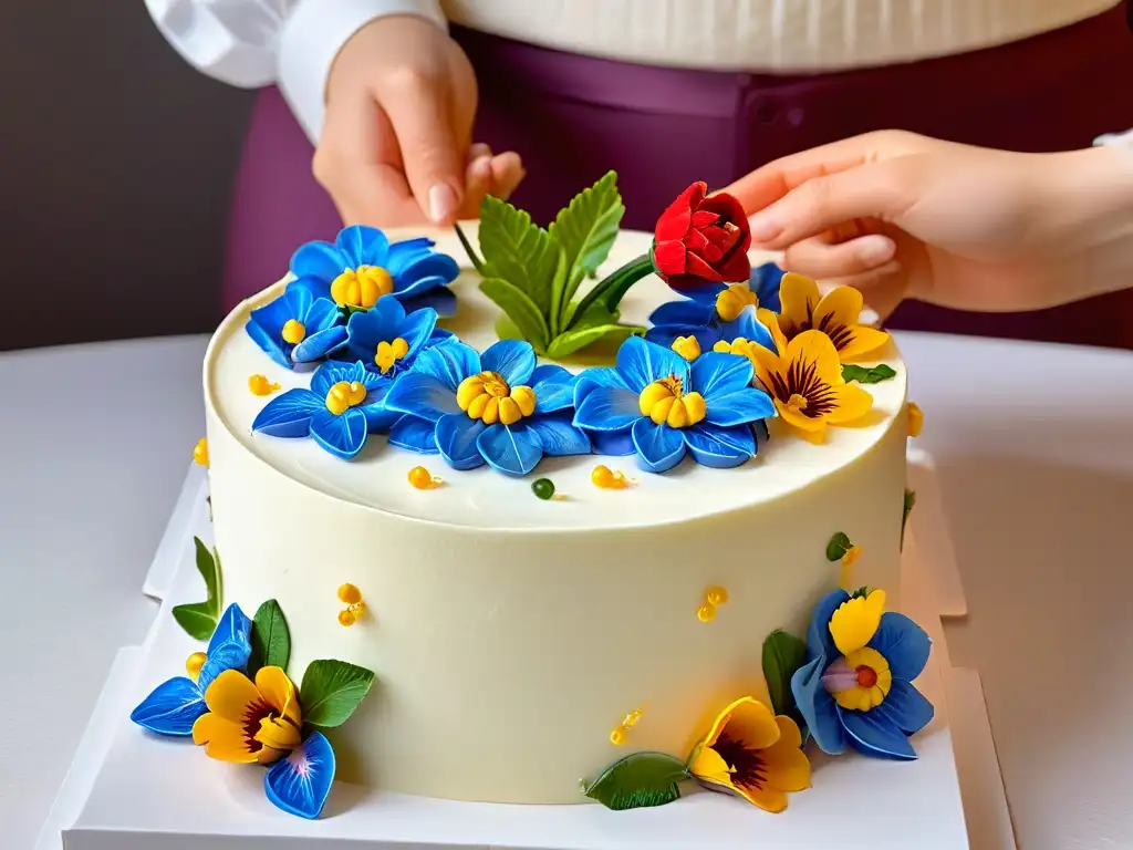 Decoración de pastel: precisión y arte floral Alianzas sostenibles para repostería: Dos manos colocan flores comestibles en un pastel decorado con precisión y arte