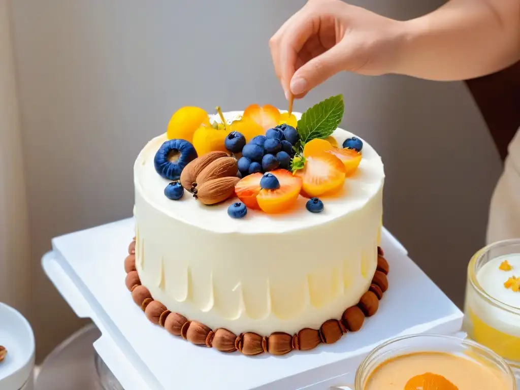 Colaboración sostenible: manos diversas decoran pastel Alianzas sostenibles para repostería: manos de distintos tonos decoran un pastel con ingredientes ecológicos, simbolizando unidad y colaboración