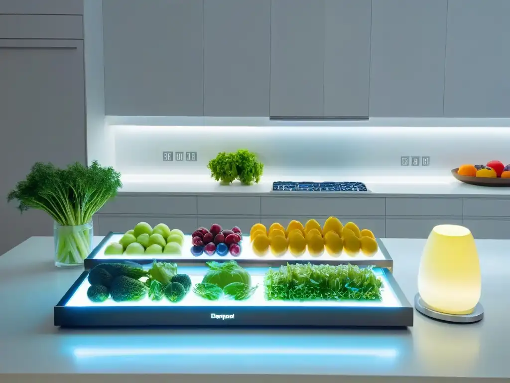 Iluminación LED para fotografía de alimentos: Cocina moderna con frutas y verduras coloridas bajo luces LED brillantes