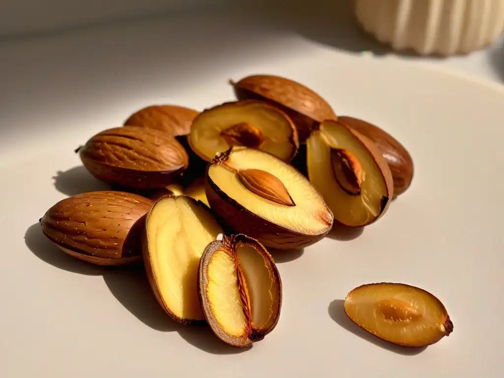 Un almendra perfectamente dorada y cortada en mitad, con su textura intrincada y aceites naturales brillando bajo una suave iluminación
