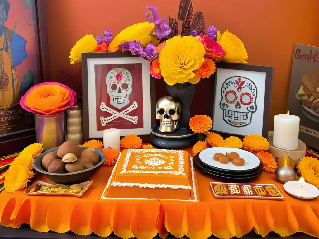 Un altar bellamente decorado para Día de Muertos con ofrendas y recetas tradicionales