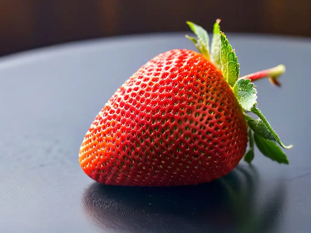 Alternativas orgánicas edulcorantes postres veganos: Detalle de una fresa madura con gotas de rocío, resplandeciendo bajo luz natural