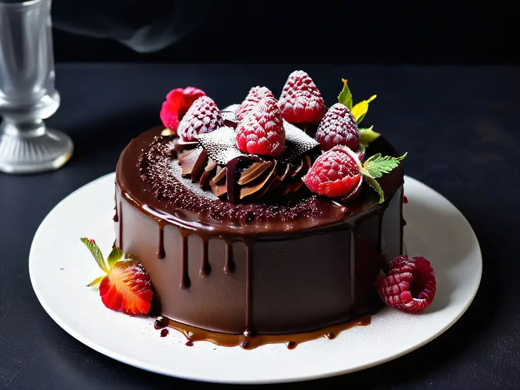 Exquisita tarta vegana de chocolate con frambuesas y flores comestibles Alternativas veganas caprichos dulces: Detalle exquisito de un decadente pastel de chocolate vegano con frambuesas frescas y flores comestibles