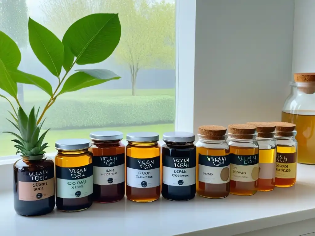 Selección vegana de endulzantes naturales en cocina moderna Alternativas veganas caprichos dulces: Delicados endulzantes veganos en tarros de cristal en una cocina moderna y minimalista