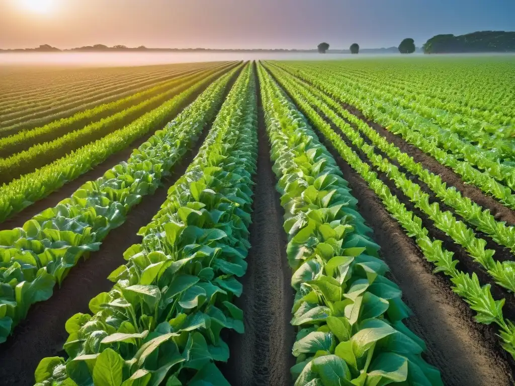 Un amanecer sereno en una granja con cultivos alineados y rocío en las hojas