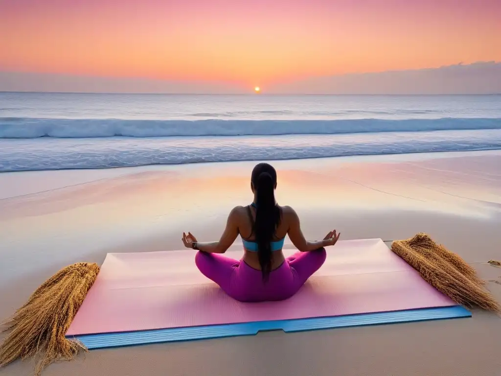 Un amanecer sereno en la playa con yoga, representando el equilibrio mente-cuerpo durante unas vacaciones de bienestar