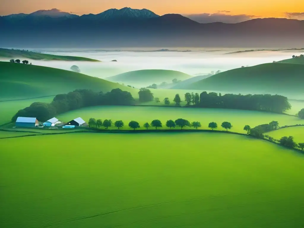 Un amanecer sereno en un prado verde, con una pequeña granja láctea local al fondo