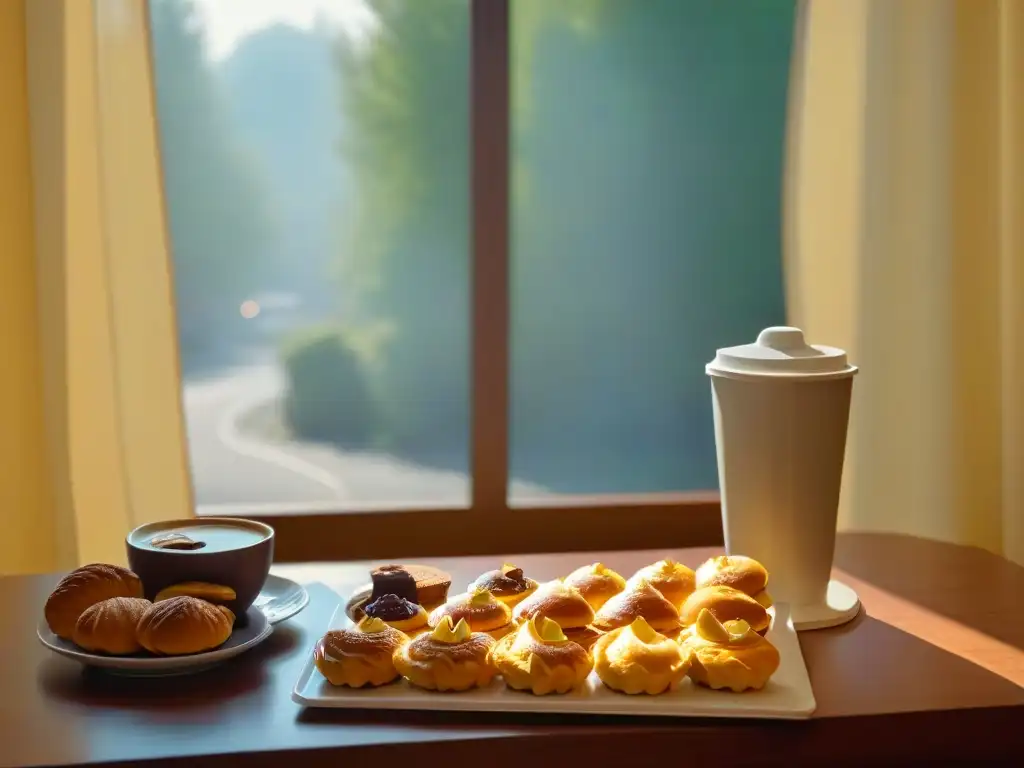 Un amanecer tranquilo en una cocina, con luz dorada sobre pasteles recién horneados y café caliente