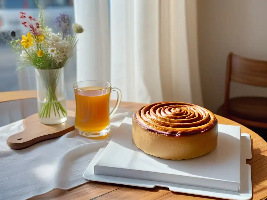 Ambiente acogedor en un café sueco con mesa de madera, café y bollo de canela