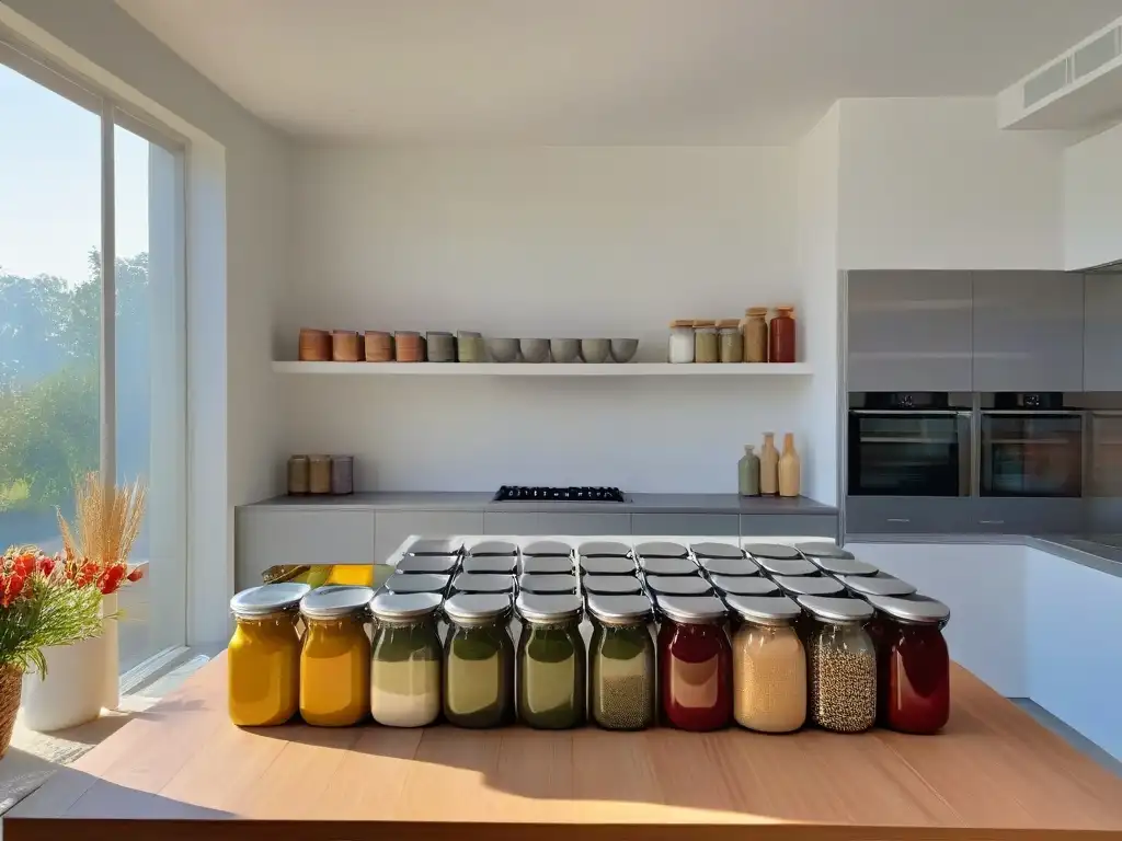 Un ambiente de cocina moderna y organizada, con estantes abiertos llenos de ingredientes coloridos, resaltados por la luz del sol