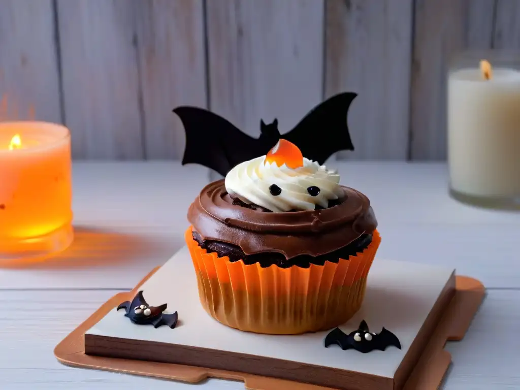 Un ambiente misterioso y sofisticado con una mano fantasmal sosteniendo un cupcake de Halloween