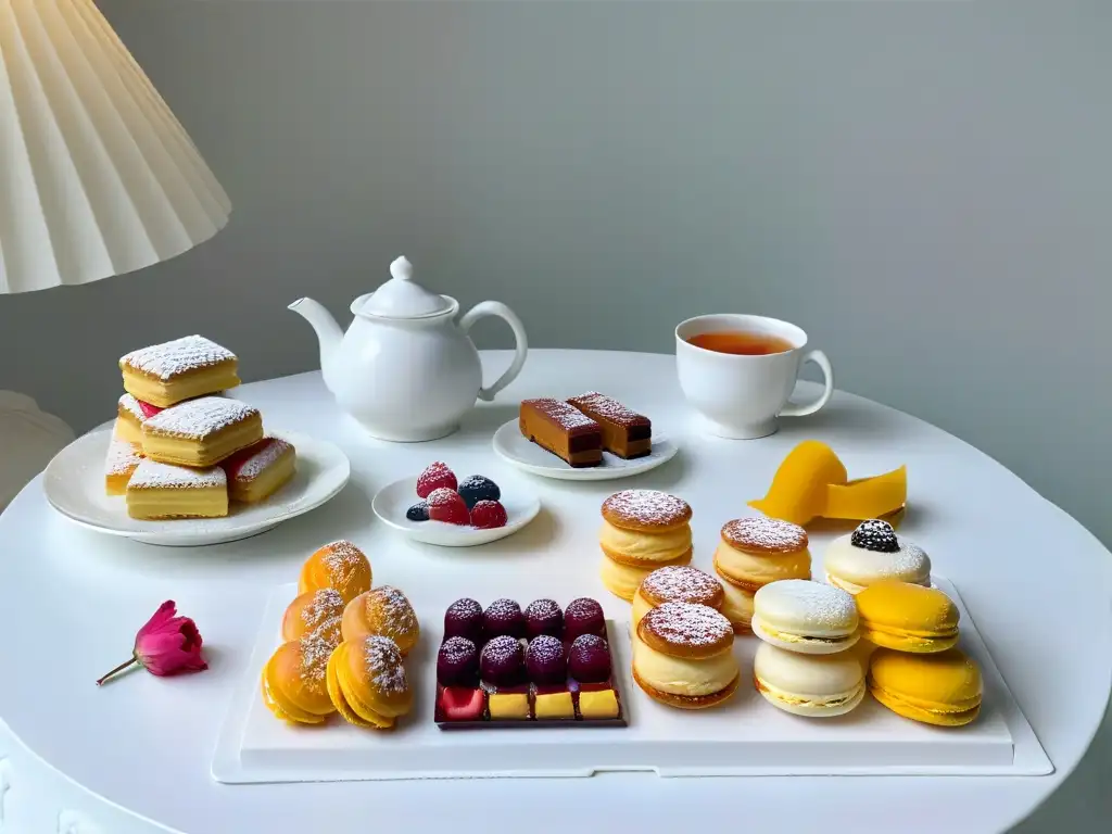 Un ambiente refinado de postres para rituales de té con delicado juego de porcelana y exquisitas pastelerías europeas