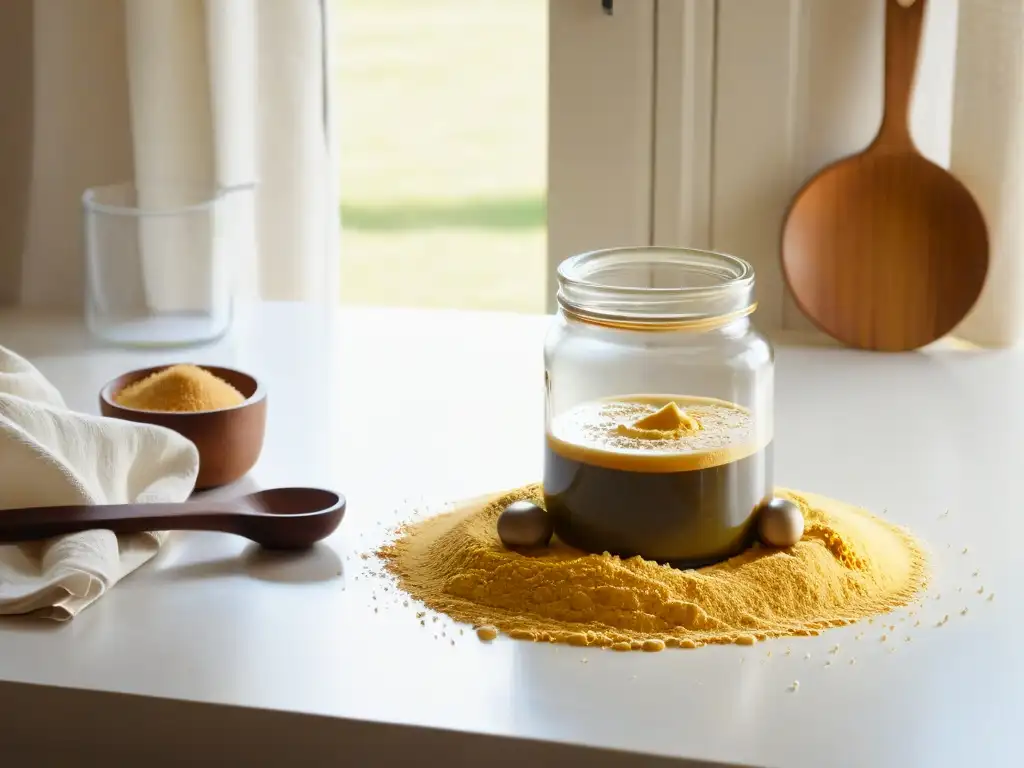 Cocina minimalista con masa madre burbujeante Ambiente sereno de cocina con repostería vegana con levaduras naturales en frasco de cristal, harina y cuchara de madera vintage