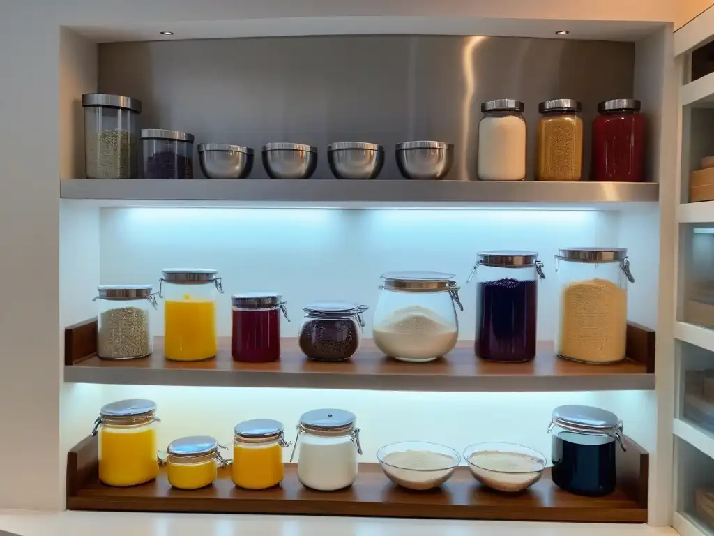 Un ambiente tranquilo en una cocina moderna con ingredientes de repostería organizados, iluminado por luz natural