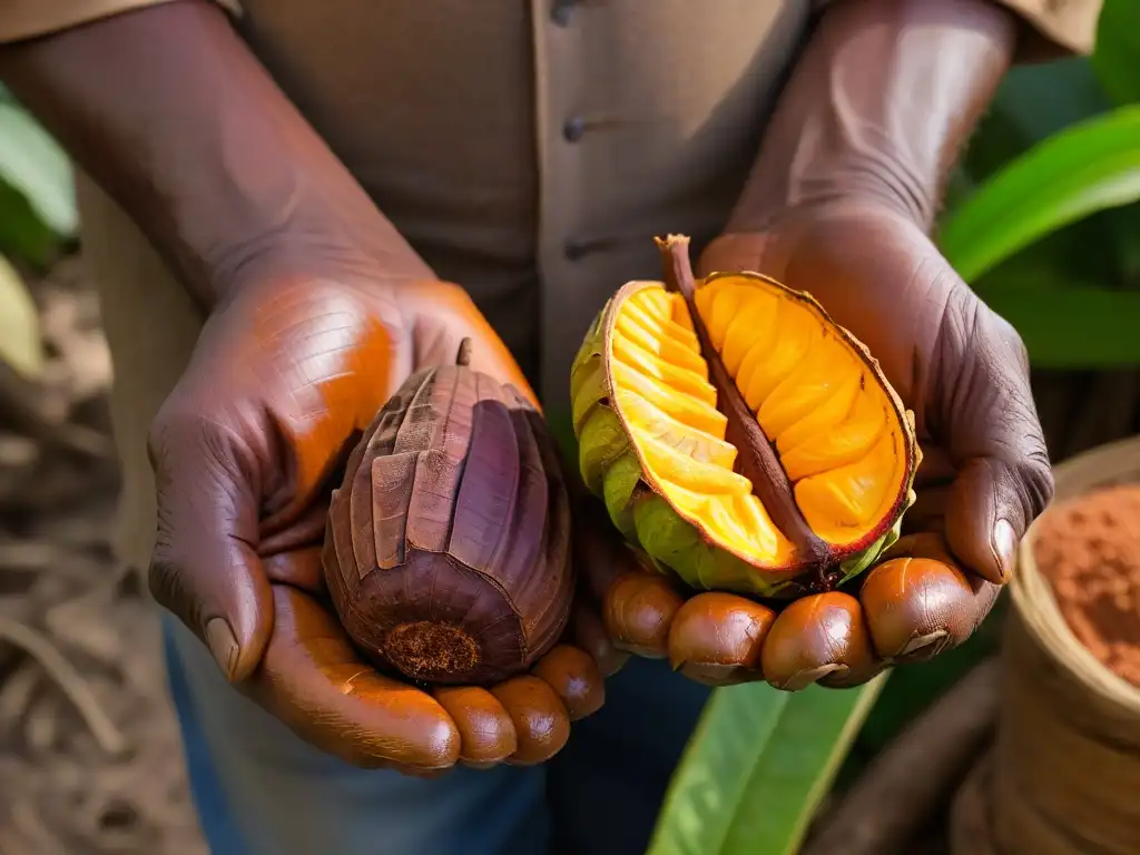 Un anciano productor de ingredientes comercio justo sostiene con cuidado una vaina de cacao madura, mostrando años de trabajo y dedicación