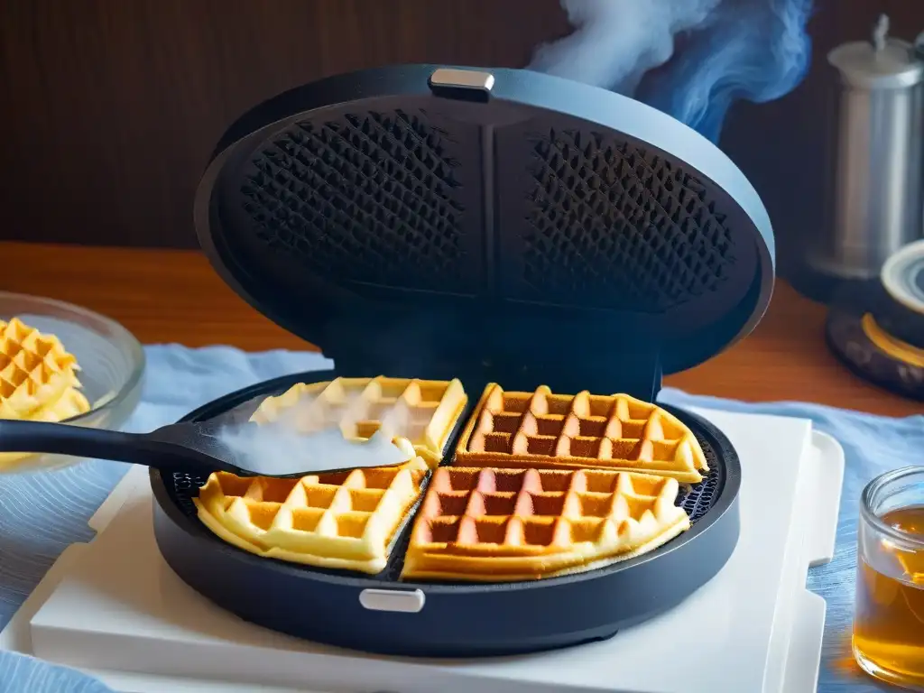 Diseño vintage de plancha de gofres con detalle ultrarrealista Un antiguo diseño minimalista de una plancha de waffles con detallado vapor saliendo de los waffles dorados en su interior