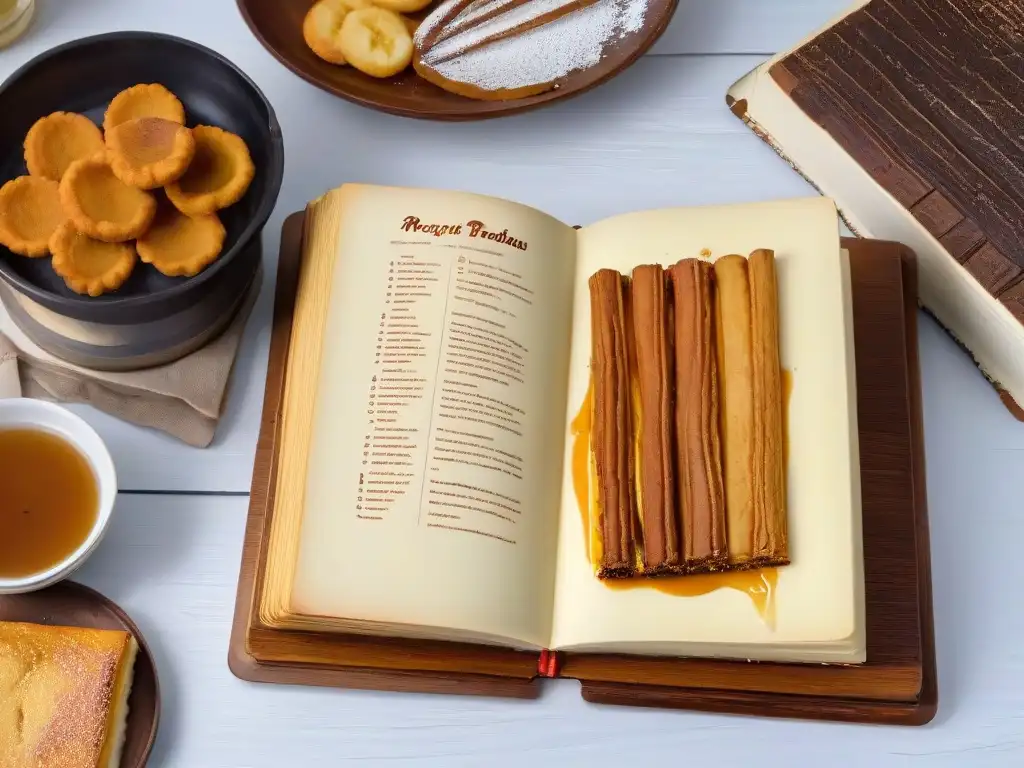 Antiguo libro de recetas con postres tradicionales, evocando evolución histórica postres impacto social