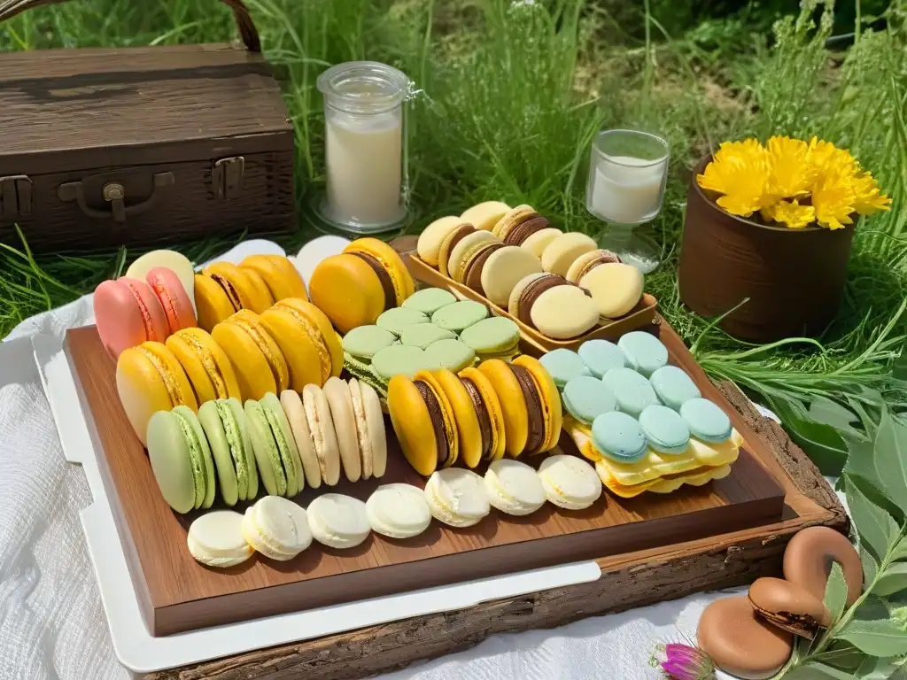 Un apacible picnic primaveral con postres fáciles en una mesa de madera rústica, rodeada de macarons pastel y flores silvestres