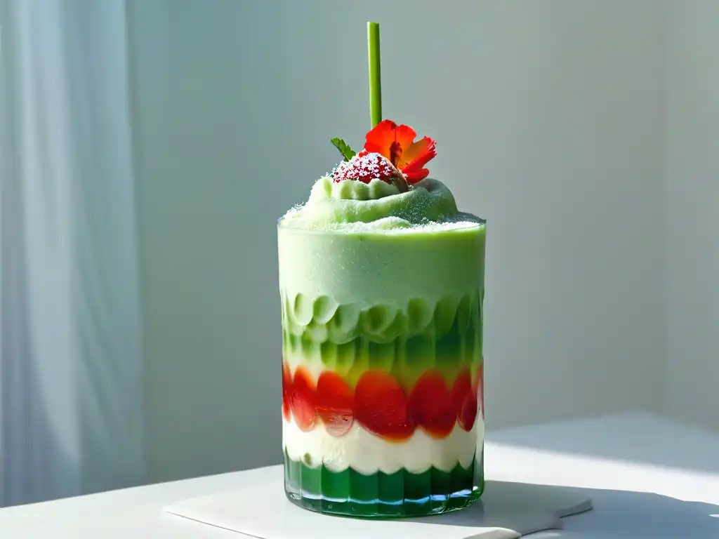 Deléitate con la apetitosa imagen de un postre helado Cendol receta, con capas de gelatina verde, leche de coco, hielo y sirope de palma