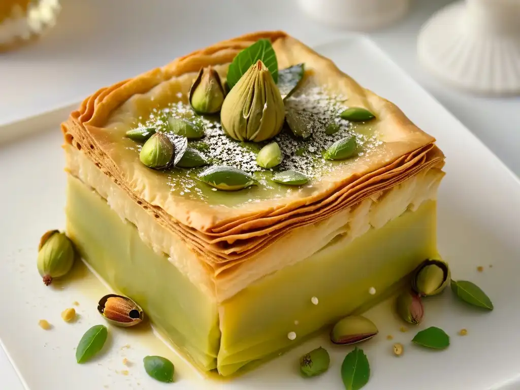 Un apetitoso baklava árabe exquisito con pistachos, miel y pétalos de rosa