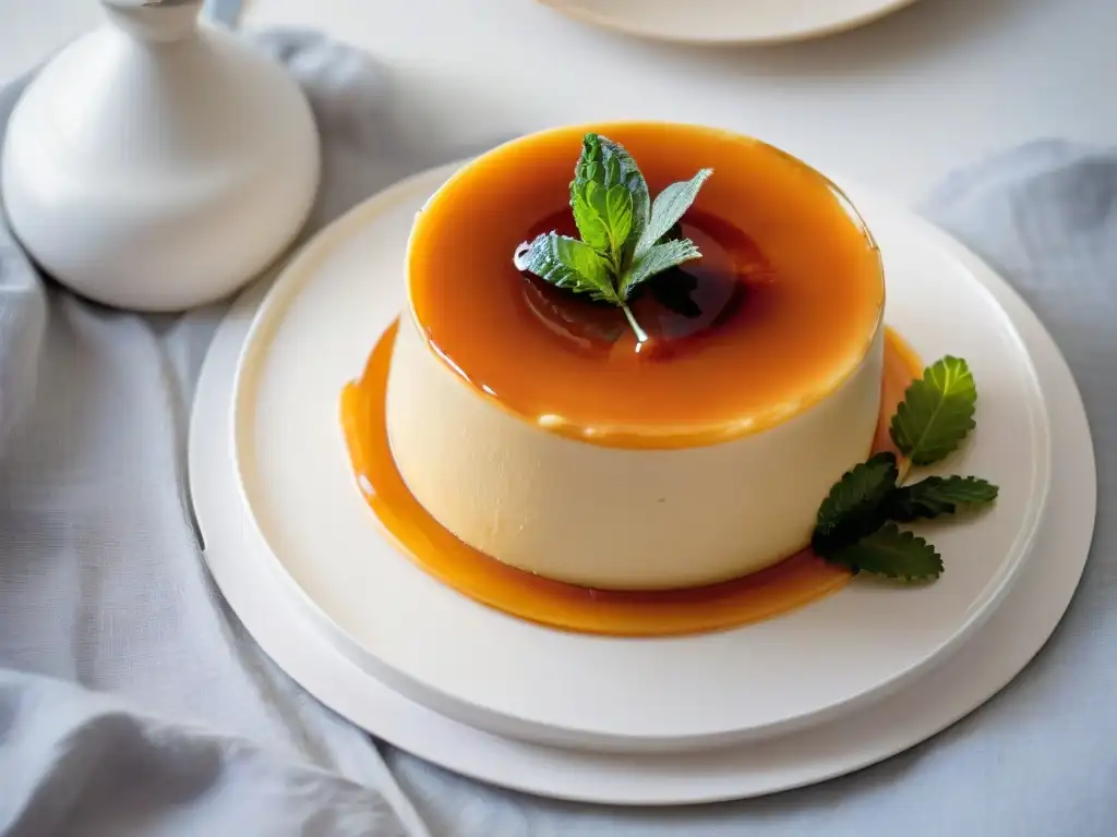 Un apetitoso flan casero con caramelo dorado, decorado con hoja de menta, en plato blanco