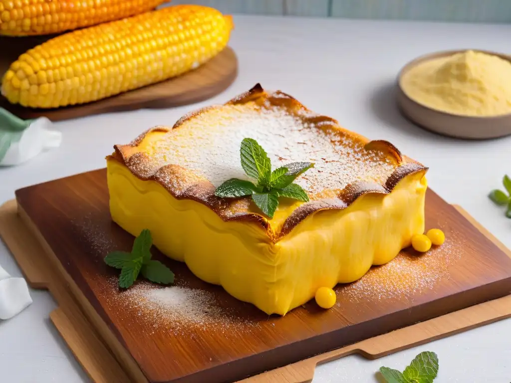 Un apetitoso Pastel de Choclo Dulce Chileno recién horneado en un plato de madera rústico