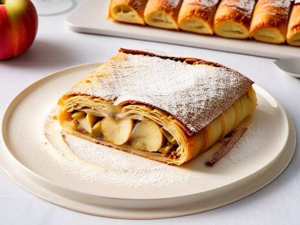 Delicioso strudel de manzana recién horneado Un apetitoso strudel de manzana recién horneado, dorado y lleno de capas, con una lluvia de azúcar glas