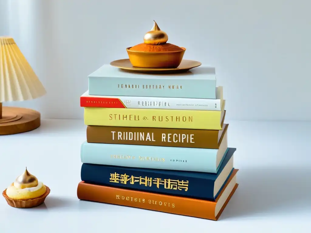 Una apilada de libros de repostería tradicional global, cada uno con diseño cultural en la portada, sobre fondo elegante