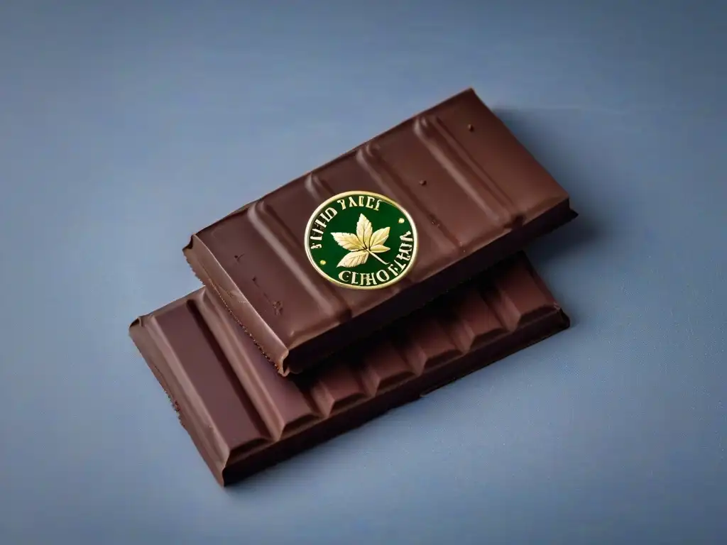 Apilamiento de exquisitas tabletas de chocolate oscuro con elegante empaque, resaltando certificación de comercio justo