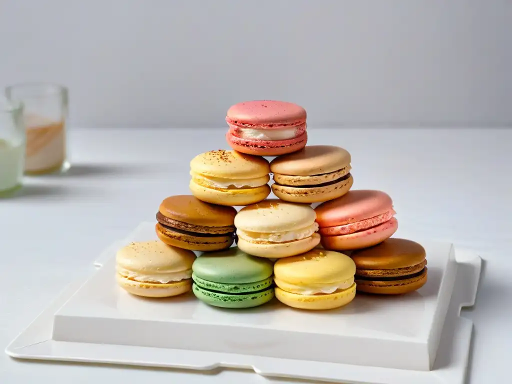 Apilamiento único de macarons coloridos sobre plato elegante en fondo neutro, reflejando la repostería consciente y el desperdicio alimentario