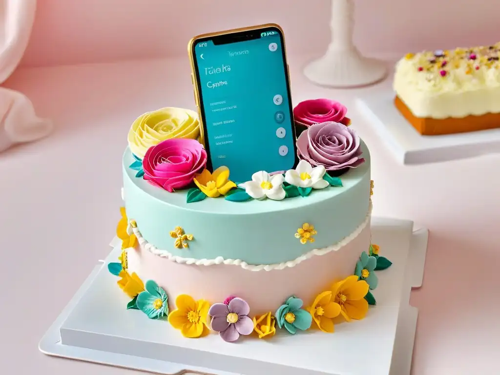 Una app de decoración de pasteles vibrante y detallada en un smartphone elegante