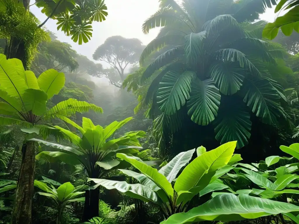 Árbol de cacao en selva tropical: hojas verdes, frutos coloridos y luz filtrada