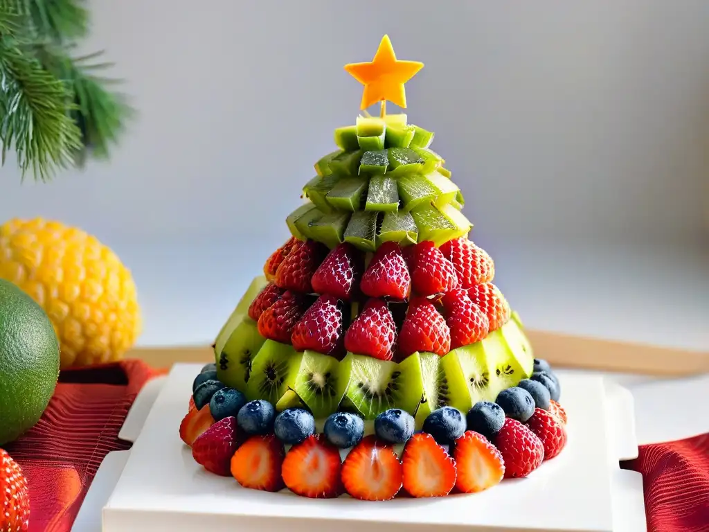 Árbol de Navidad frutal: festivo y saludable Un árbol de Navidad festivo hecho con frutas coloridas, ideal para recetas de repostería navideña para diabéticos