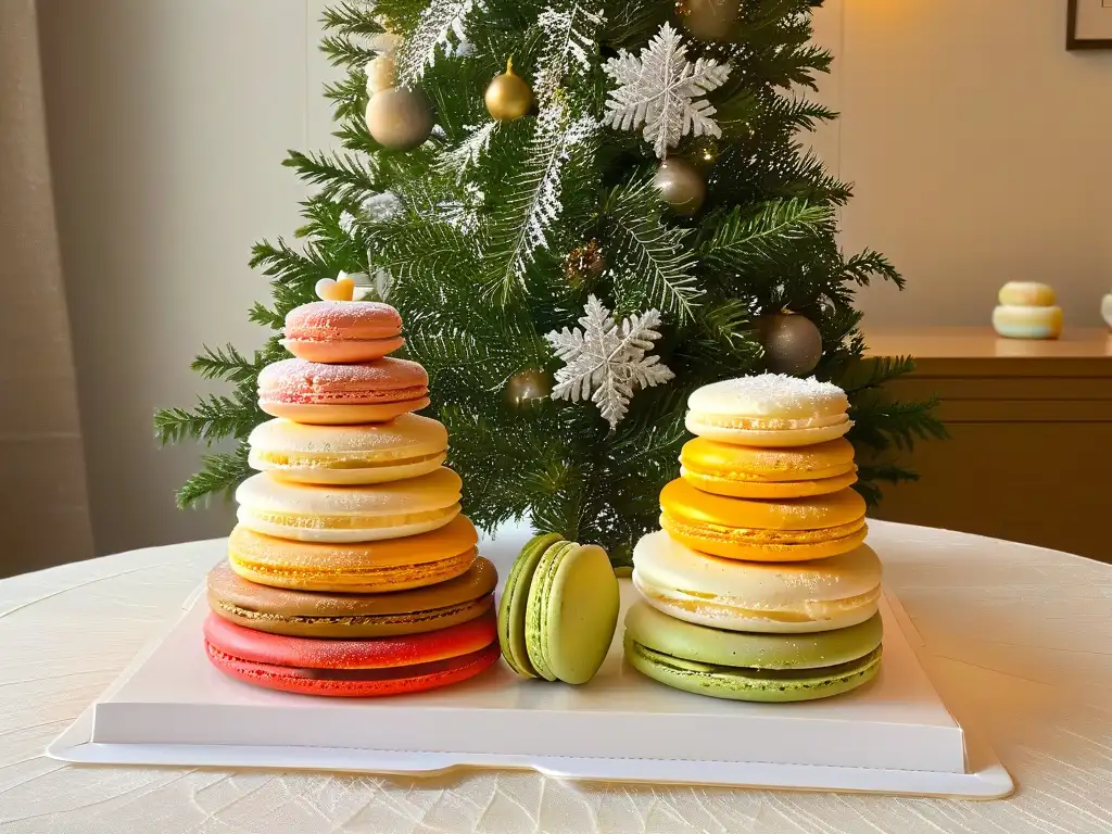 Un árbol de Navidad de macarons coloridos, brillantes y apilados, en una original y festiva idea de postre navideño