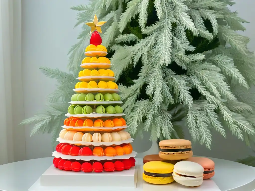 Un árbol de Navidad moderno y elegante hecho de macarons de colores vibrantes con hojas de oro comestibles, sobre fondo blanco