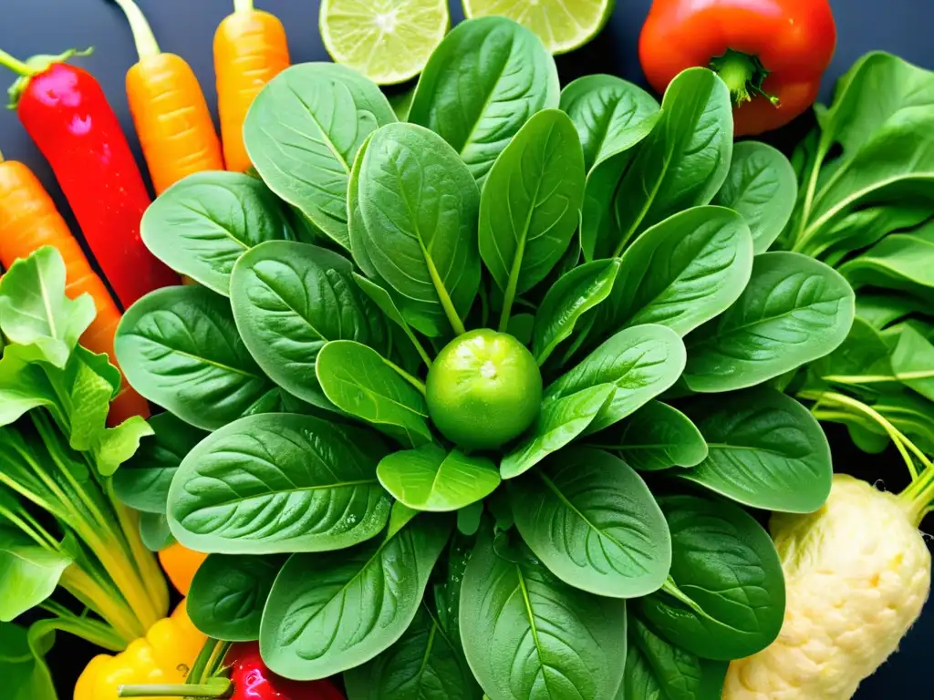 Un arcoíris de frutas y verduras frescas y brillantes, dispuestas artísticamente
