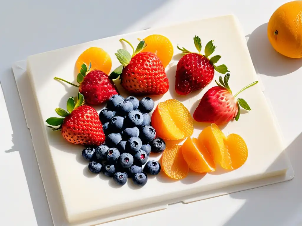 Armonía de frutas frescas y coloridas en tabla de mármol blanco, perfectas para snacks dulces diabéticos saludables