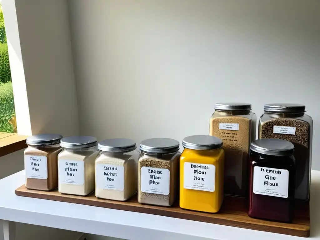 Armonía de harinas alternativas orgánicas en frascos de vidrio sobre mesa de madera clara