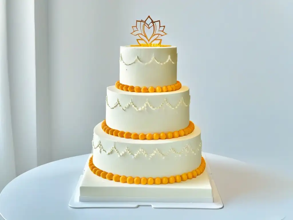 Armonía entre tradición y modernidad en repostería: detallada tarta de boda con encaje y topper geométrico sobre soporte elegante, fondo blanco